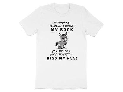 White t-shirt with text and cartoon donkey graphic.