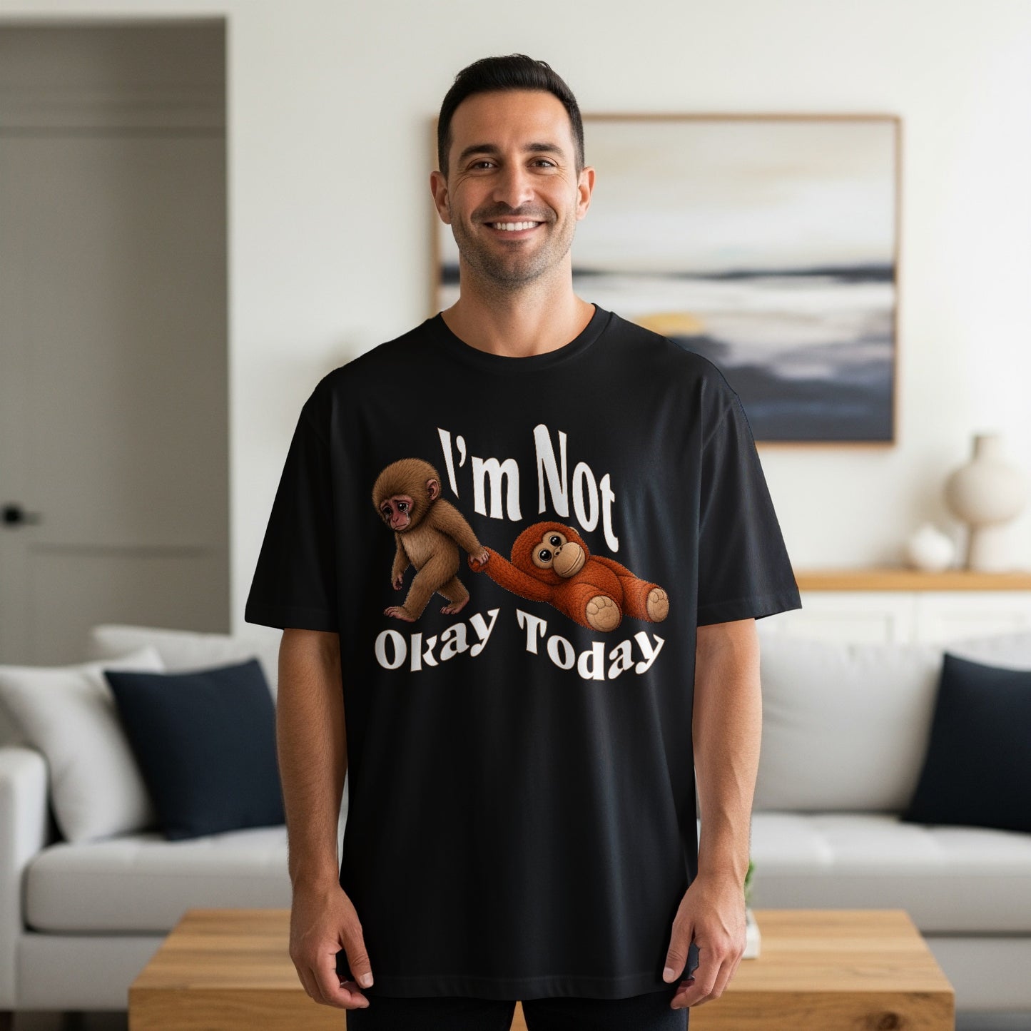 Black t-shirt with text "I'm Not Okay Today" and monkey graphic.