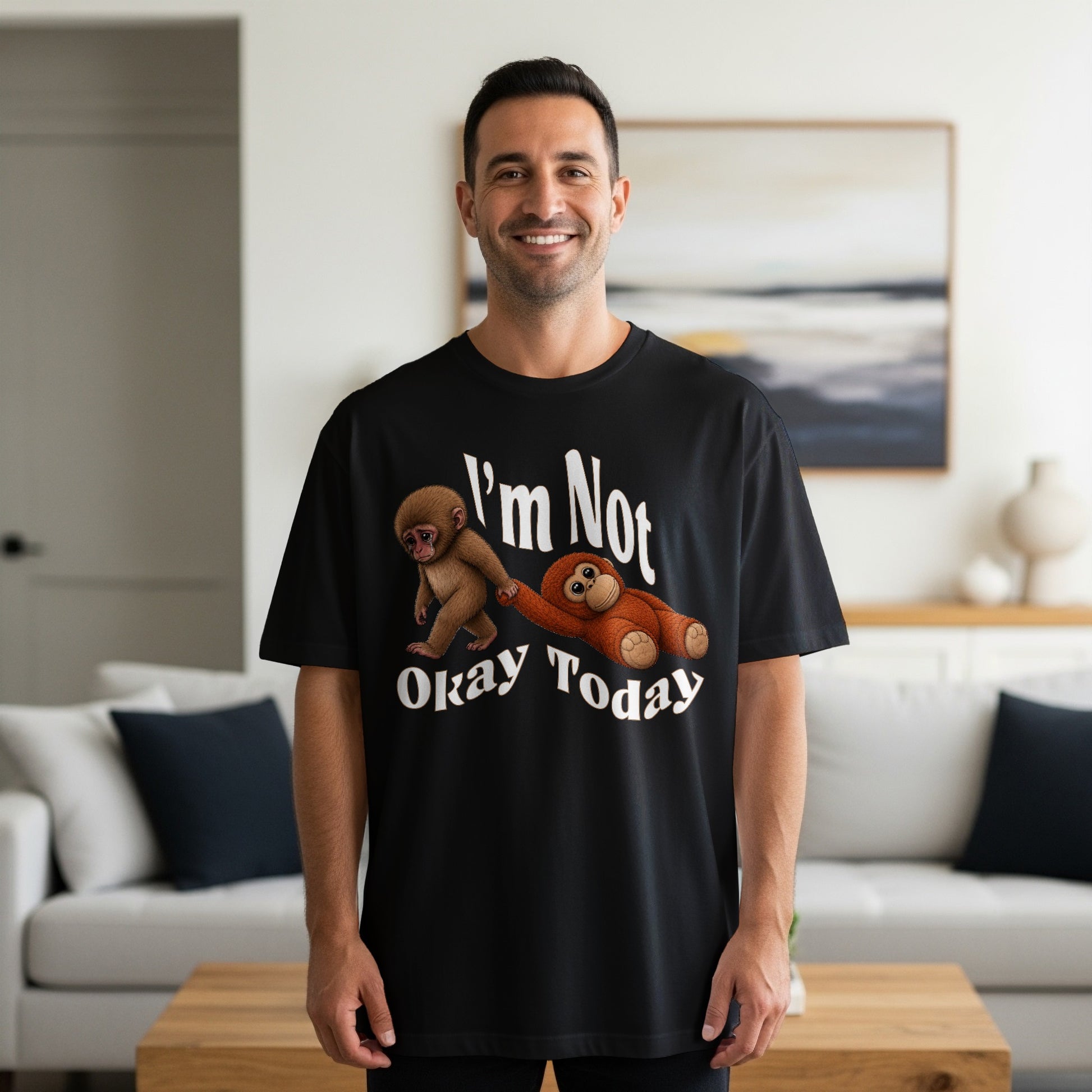 Black t-shirt with text "I'm Not Okay Today" and monkey graphic.