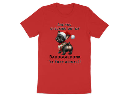 Red t-shirt with text and a cartoon French Bulldog wearing a Santa hat and sweater.