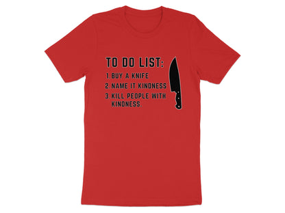 Red t-shirt with black text and knife graphic listing "TO DO LIST".