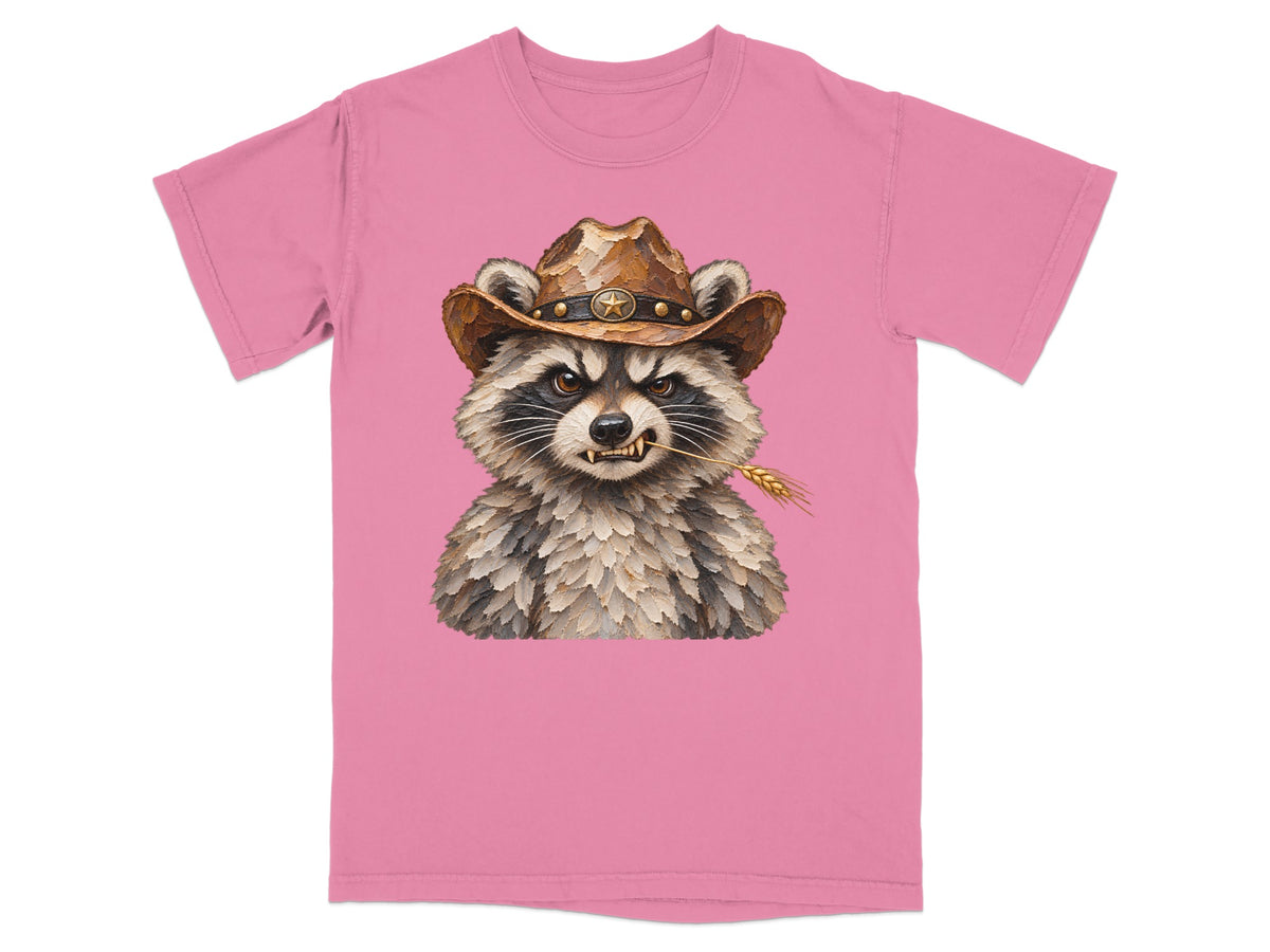 Raccoon in cowboy hat with wheat stalk in mouth on pink t-shirt.