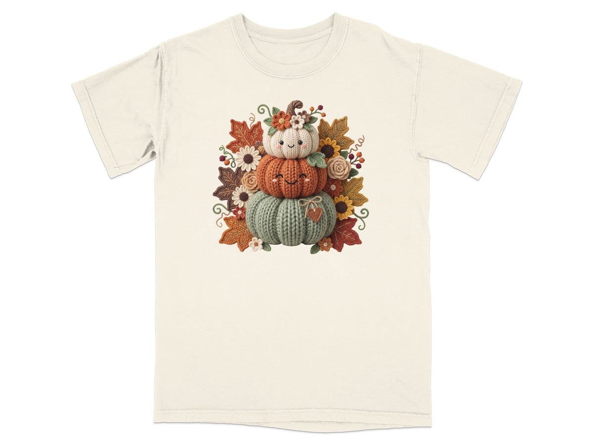 Stack of three smiling knitted pumpkins surrounded by autumn leaves and flowers.