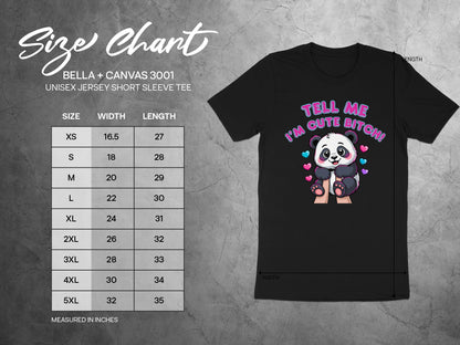 Size chart for Bella + Canvas 3001 unisex short sleeve tee, featuring a panda graphic.