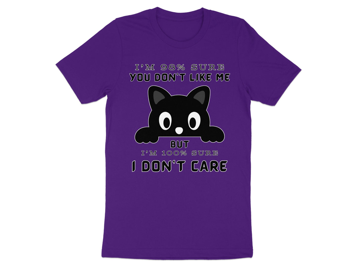 Purple t-shirt with a black cat graphic and text about not caring.