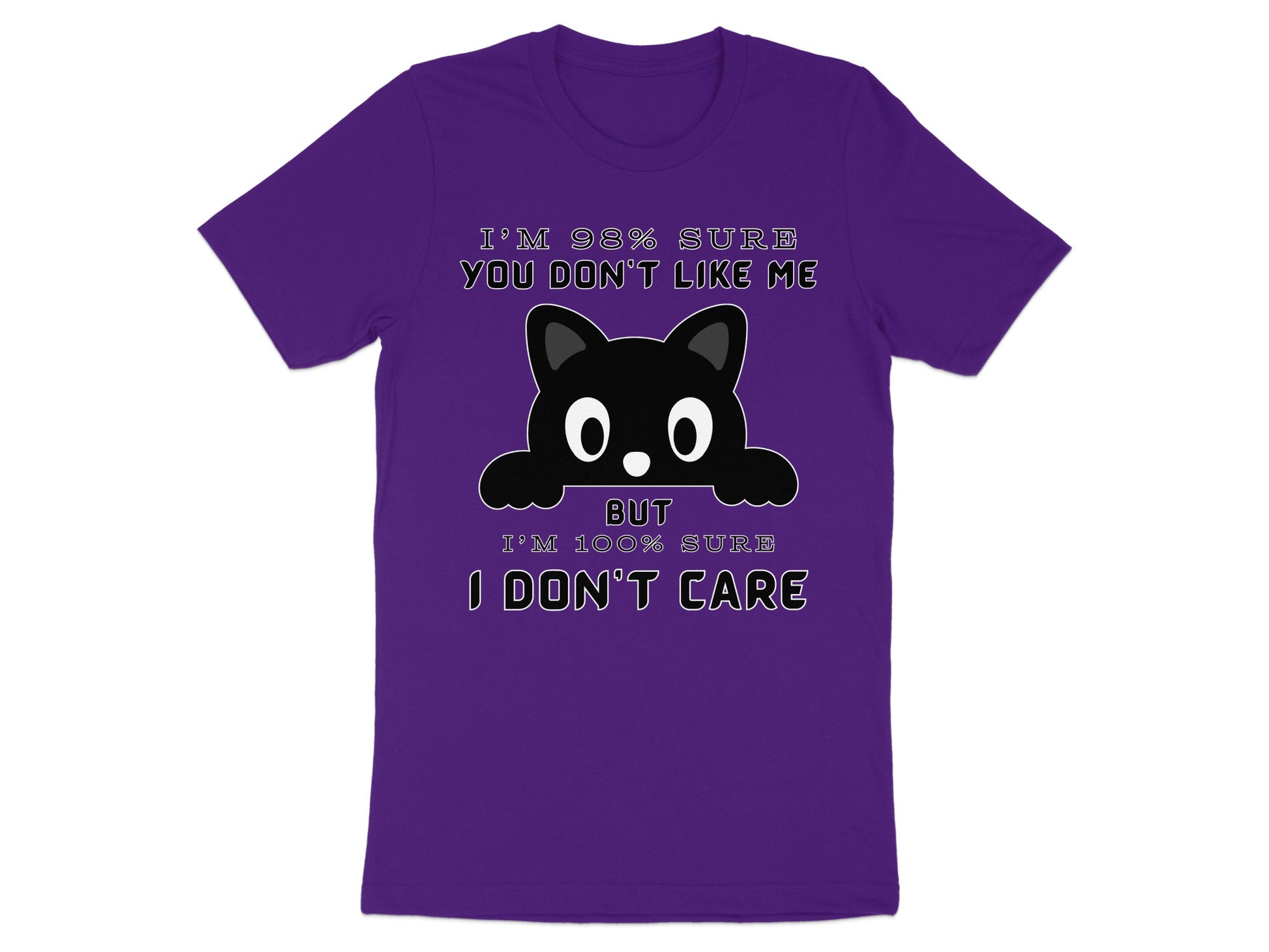 Purple t-shirt with a black cat graphic and text about not caring.