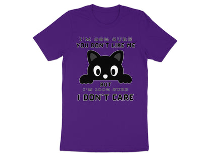 Purple t-shirt with a black cat graphic and text about not caring.