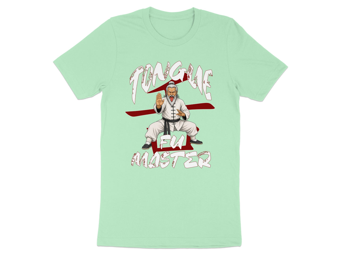 Kung fu master with tongue sticking out on a light green t-shirt.