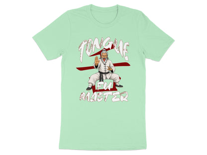 Kung fu master with tongue sticking out on a light green t-shirt.